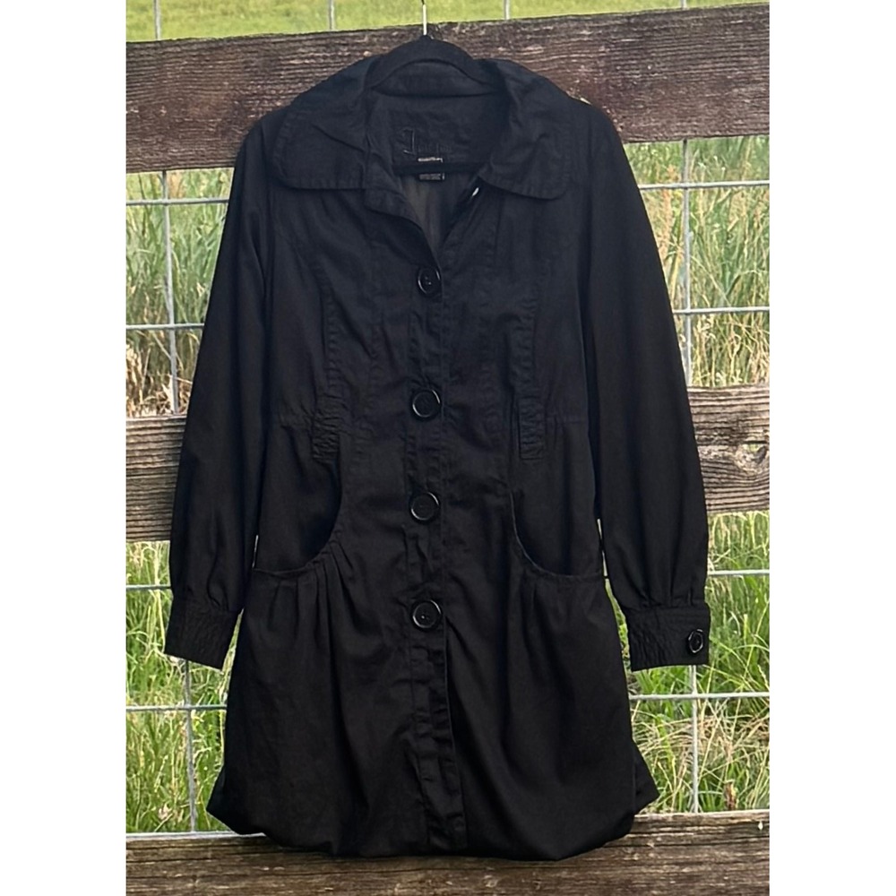 Jou Jou Premium Denim Black Bubble Hem Trench Coat Jacket Cotton Small 122-680SE